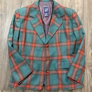 Vintage GAP Wool Plaid Blazer Green Orange-Red Tartan Shoulder Pads Size 12